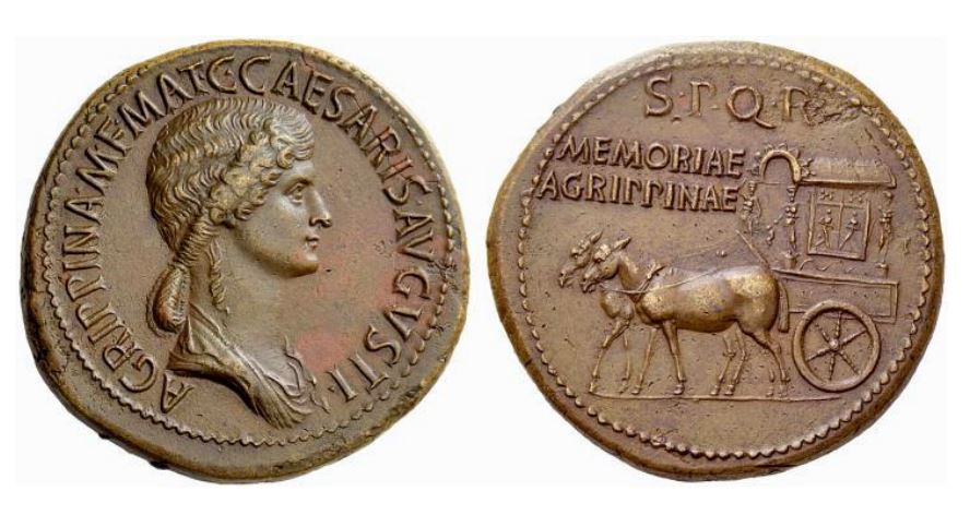 Gedenkmünze des Kaisers Gaius (Caligula) für seine Mutter Agrippina maior